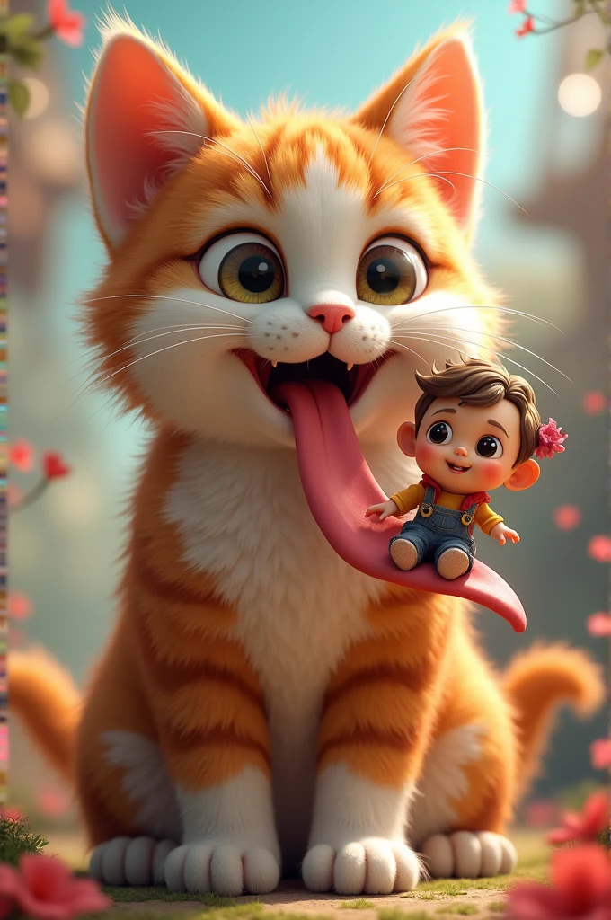 Furry cat teenager cat with a kid sitting on his tongue 