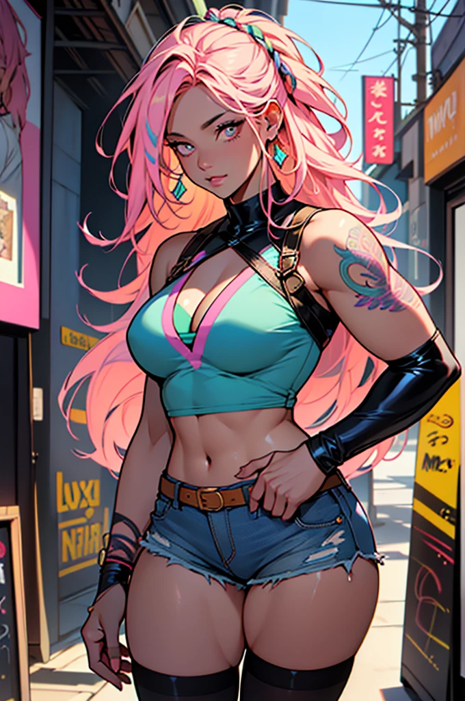 bottom, In boho chic style, in a coffee, Ice cream print, multicoloured neon lights, neon garlands, Lavender Mint Pink Hair, mixed language_SMS, Japanese graffiti, (bottom hermoso y claro:1.2),, fantastic paintings ,graffiti style, very detailed eyes , underwear, cord, latex, blonde girl, cat print, tattoo, Loving You, amar, cabello ultra detailed, masterpiece, Best Quality, high quality, High resolution, Details improvement, ((most beautiful image in the world)), masterpiece, Best Quality, high quality, High resolution, Details improvement, ((most beautiful image ), Bright pink ombre hair, Stampa Flores ultra-short fitted, Rollers, mesh stockings, denim shorts, art by stjepan sejic, arte de j scott campbell, art by guillem march, Art by Citemer Liu, 4k, High resolution, comic character, comic, high quality detailed, style of ::2.0 style of ilustración comix,style of tattoo, high quality, High resolution, Details improvement, 8k, High Definition, Best Quality, high quality, High resolution, Details improvement, 8k, High DefinitionR, sharp focus, ultra detailed, perfect lighting, Curvy body, Lush breasts, curvy hips