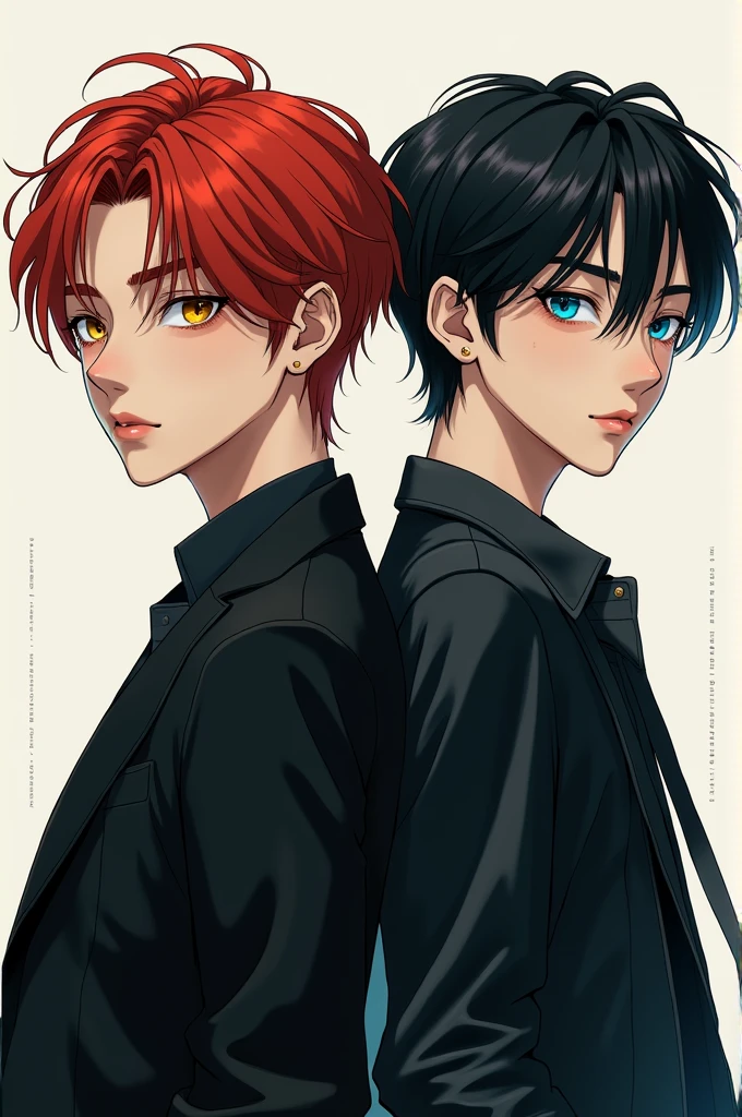 A cover of a 2 red-haired Korean boy in a black suit with yellow eyes next to a black-haired Korean boy with blue eyes in casual clothes
