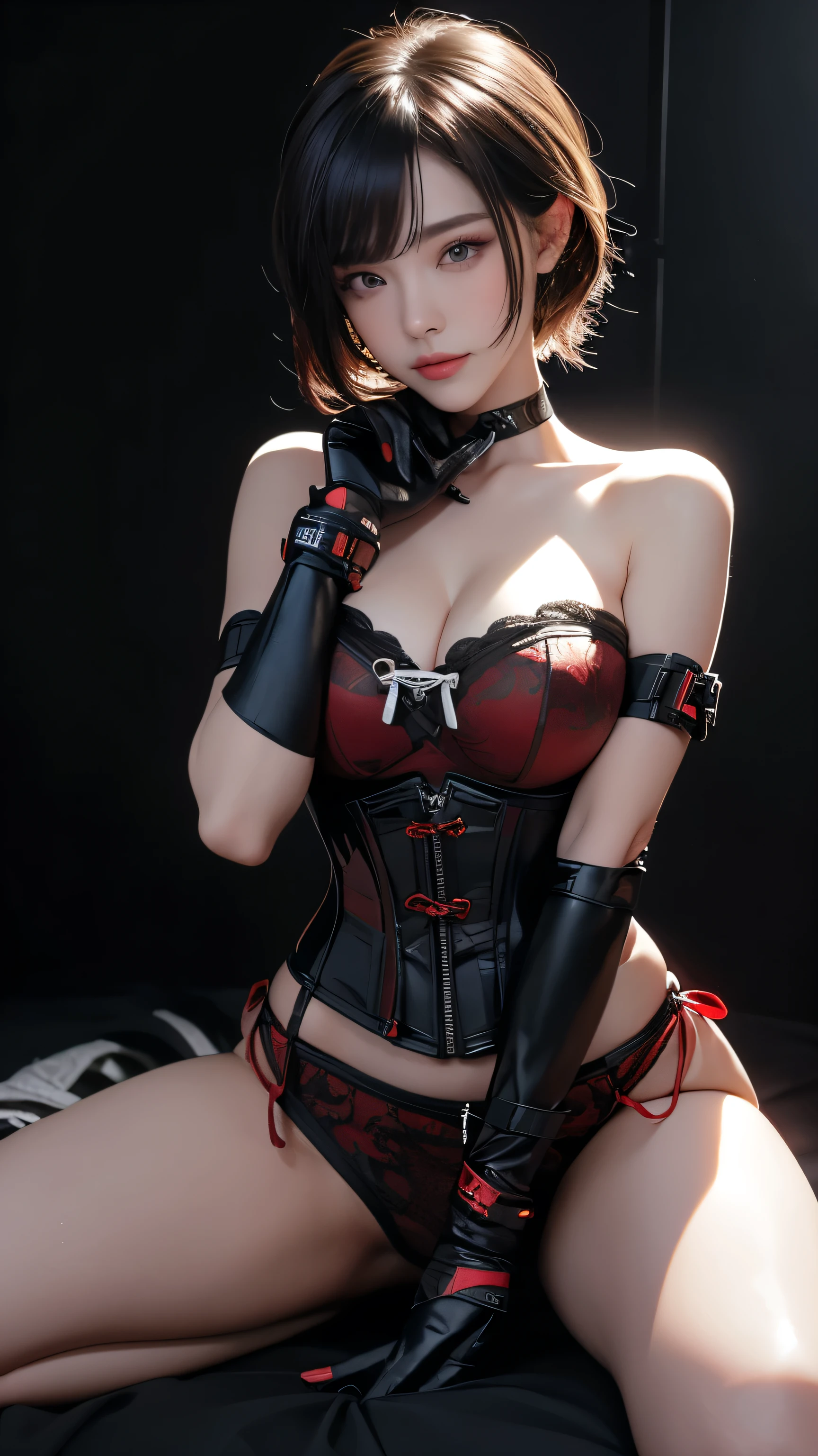 masterpiece, Highest quality, Very detailed, To the camera, Very detailed, Realistic, Sharp features, Very detailed, Sharp focus, Perfect Face, Perfect Face, Perfect symmetry and perfect eyes, Perfect Plump Lips, Flexible female form, cinematic, Film Light, Very detailedな, hyper Realistic, masterpiece, Atmospheric, High resolution, Vibrant, Dynamic Studio Lighting, ((Dark Background)), The facial expression when feeling happy, handcuffs, BDSM, slave, Rubber, Red Corset, (赤いfirst round), ((Highest quality, 8k, masterpiece: 1.3)), Sharp focus: 1.2, Beautiful woman with perfect figure: 1.4, Slim abs: 1.2, Wet body: 1.5, Very detailed face and skin texture, Detailed eyes, double eyelid, Very short hair,((SM lady)),((m嬢)),handcuffs,first round,Red and black outfit