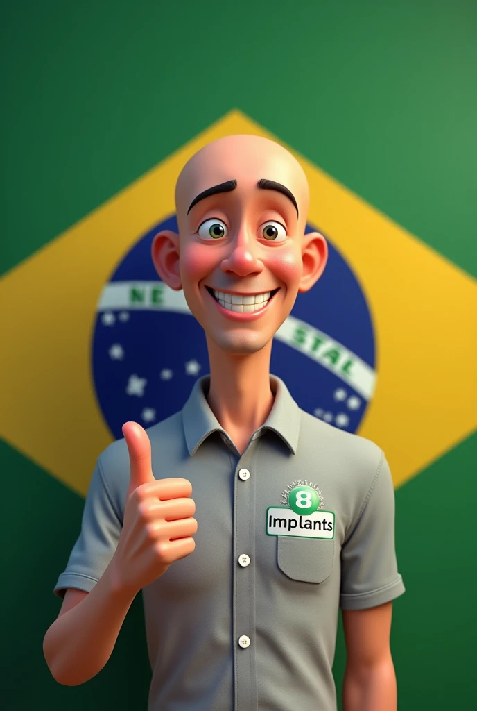 Create a Pixar animation style image with a bald man smiling and showing his thumb with the Brazilian flag in the background and wearing a gray collared shirt with the words 8 implants in green written in the right corner