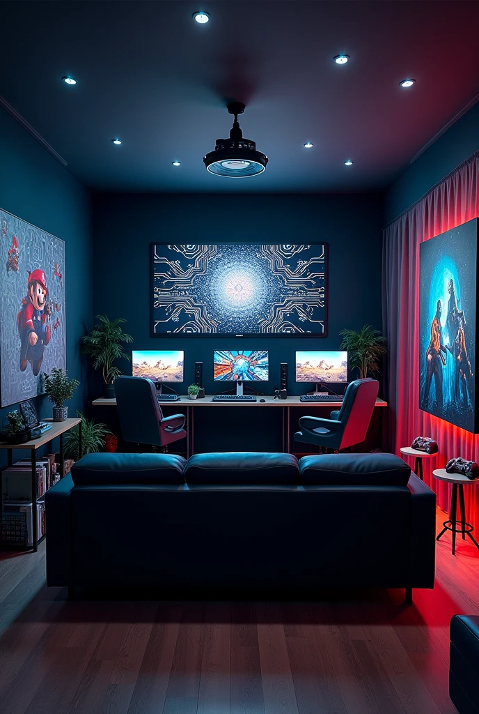 sala gamer/cinema in the largest part of the room, a black 3-seater reclining sofa, with the harry potter painting behind.
on the front wall, on the door side, a table on the wall with two gaming computers with gaming chairs, on top a large television, On this wall there will be a computer circuit painted with a black background, on the wall to the right there will be the avengers painted on the wall, and on the wall opposite this one there will be super mario painted.