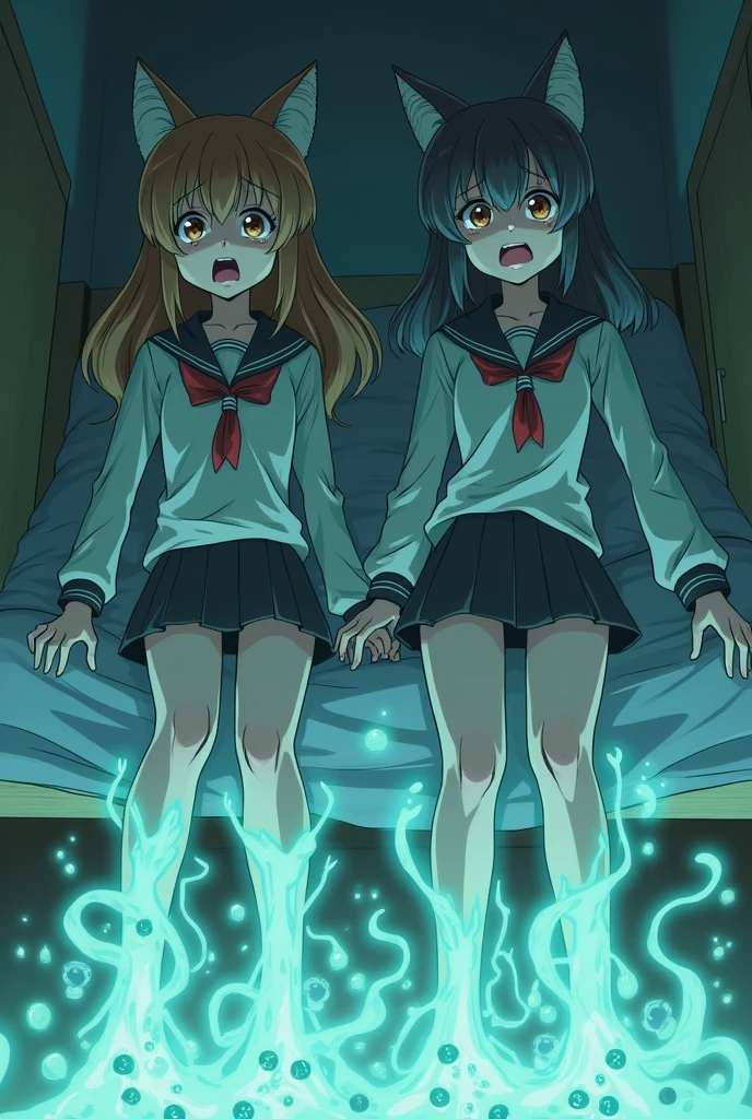 Two girl's lower_body is transformed into slime(Japanese anime style)(with slime tentacles)(scared and crying)(fox ears)(multiple slime eyes)(student costume)(on bed)(the room is covered by slime)