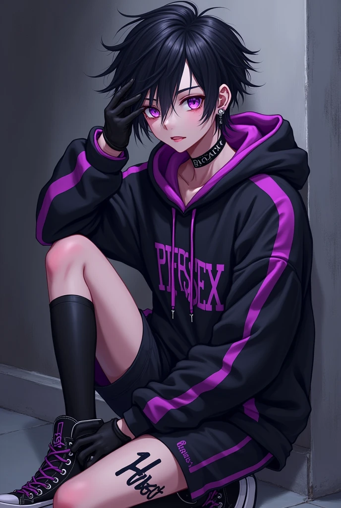 Anime boy big hair falling in the black eye,purples eyes, feminine appearance,black cross earrings, Piercing in the corner of the lip, black choker,black and purple hooded sweatshirt with belly showing, long black gloves,black shorts with a purple stripe on each side short, persex on the thigh,knee-high socks and black and purple Solo sneakers, 