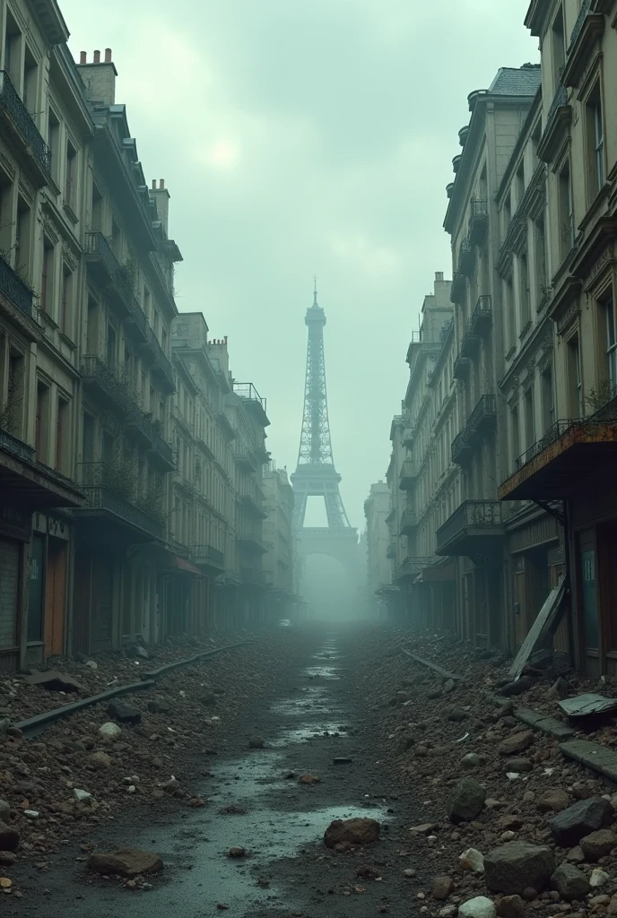 a destroyed Paris post-apocalyptic world, abandoned city, crumbling buildings, debris, rubble, broken windows, rusted metal, dystopian, gloomy atmosphere, overcast sky, desolate landscape, dark and moody, muted color palette, post-war devastation, forgotten and decaying, (best quality,8k,highres,masterpiece:1.2),ultra-detailed,(realistic,photorealistic,photo-realistic:1.37),cinematic lighting,cinematic composition,dramatic lighting,dramatic shadows,cinematic camera angle
