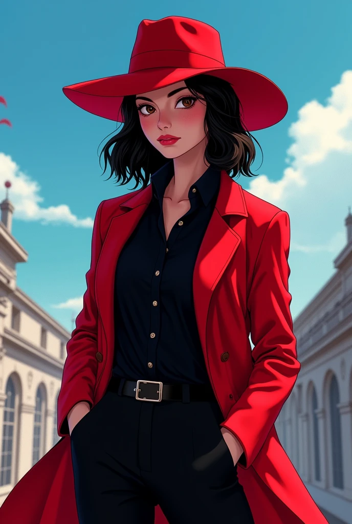 (realist:0.2), animated illustration, 1 girl,, Red coat, Big red hat, in Paris France, NSFW, Black pants, Black office shirt,, carmen San Diego,, blue sky,, by the wide,, dramatic lightning, Lights, epic Lights, light on the face, backlit, face light, illuminated face, fill lamp, fill light, ((masterpiece)), (carmen_San Diego_v1-1_Shurik-2000:0.6)