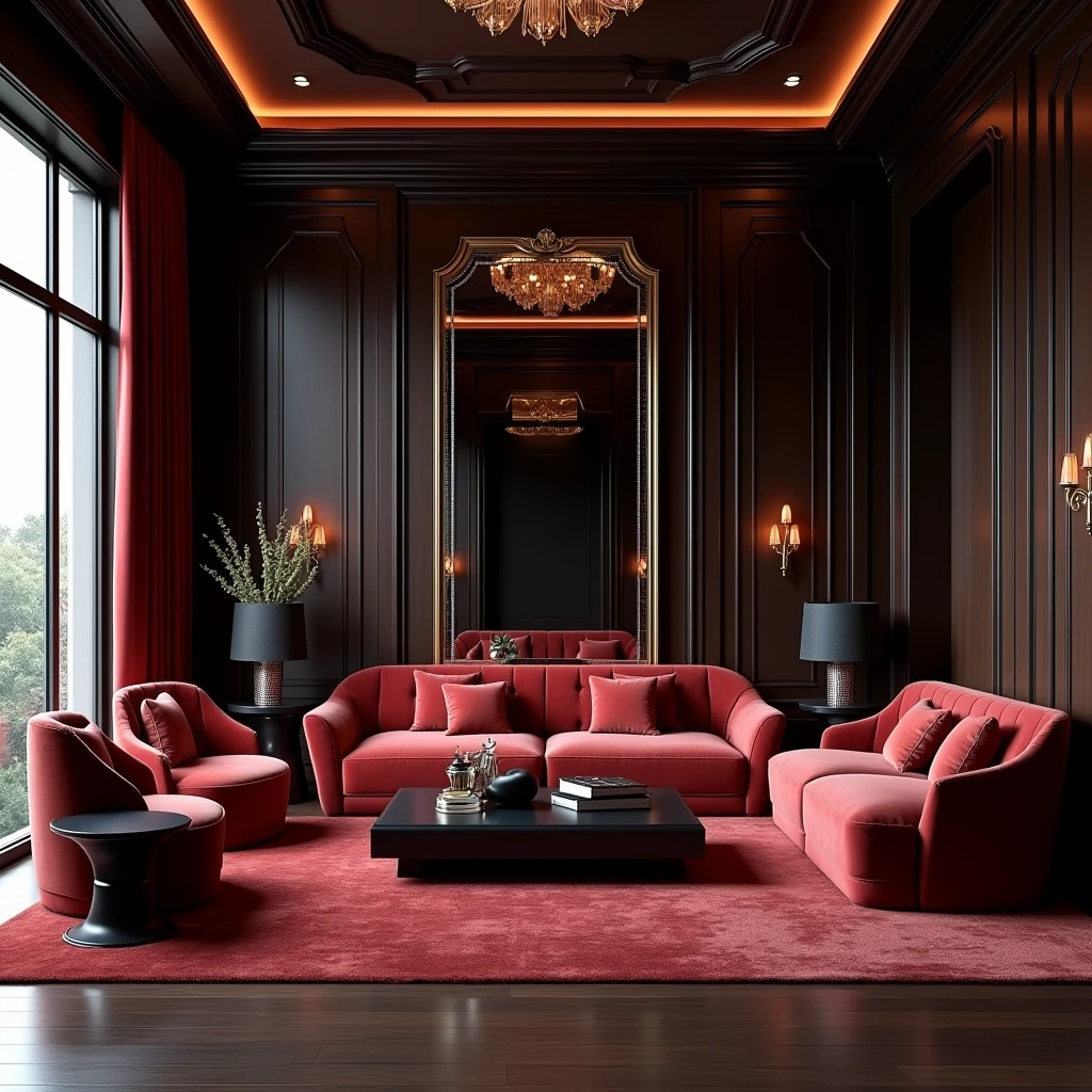 Luxurious and large living room in red and black colors