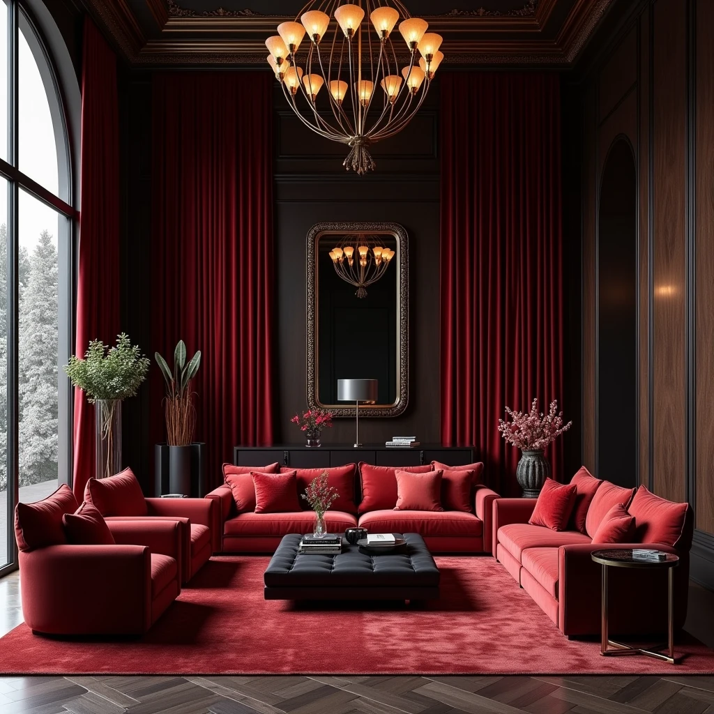 Luxurious and large living room in red and black colors