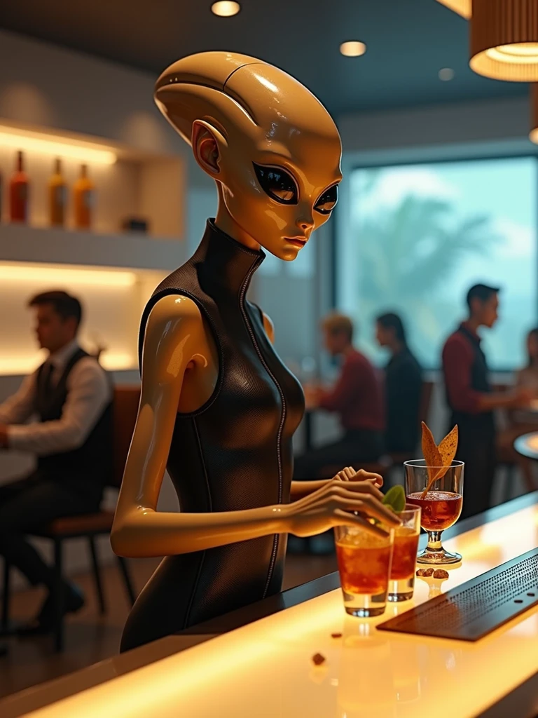 alien at a restaurant doing bartender