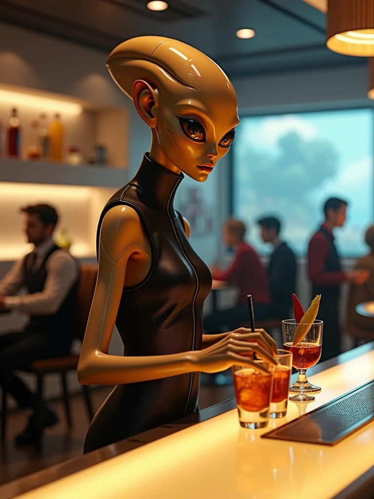 alien at a restaurant doing bartender