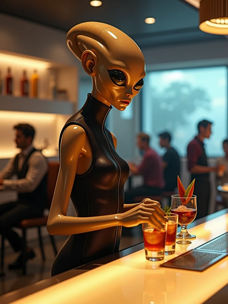 alien at a restaurant doing bartender