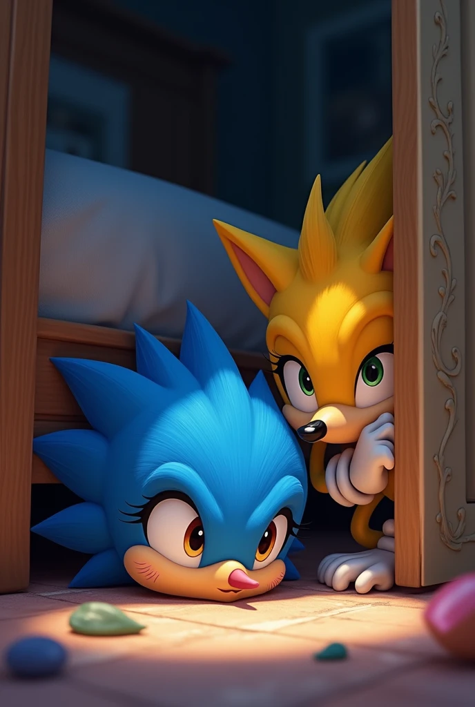 Blue bird under the bed and yellow sonic behind the door