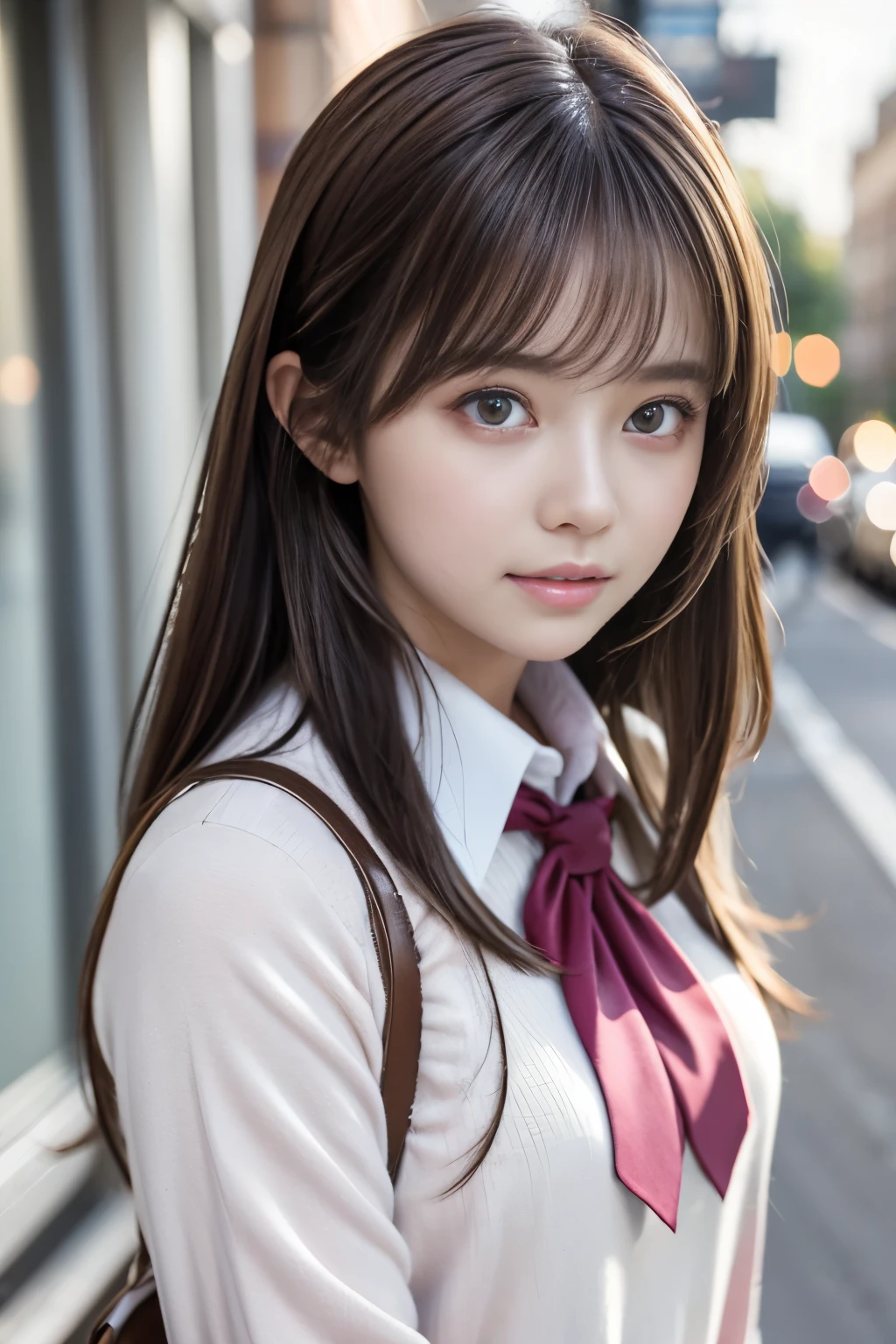{{1 female, white}}, View your viewers, Hazel Eyes, Ultra-high resolution,Very detailed, Brown Hair, Pink clothes,uniform, high school girl, Soft skin texture,Soft and sexy lips, Happy, 最high quality, high quality, Very detailed 8K生写真:1.5, whole body