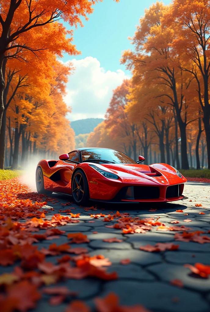 A car in red driving with blue trees and fall with mosare