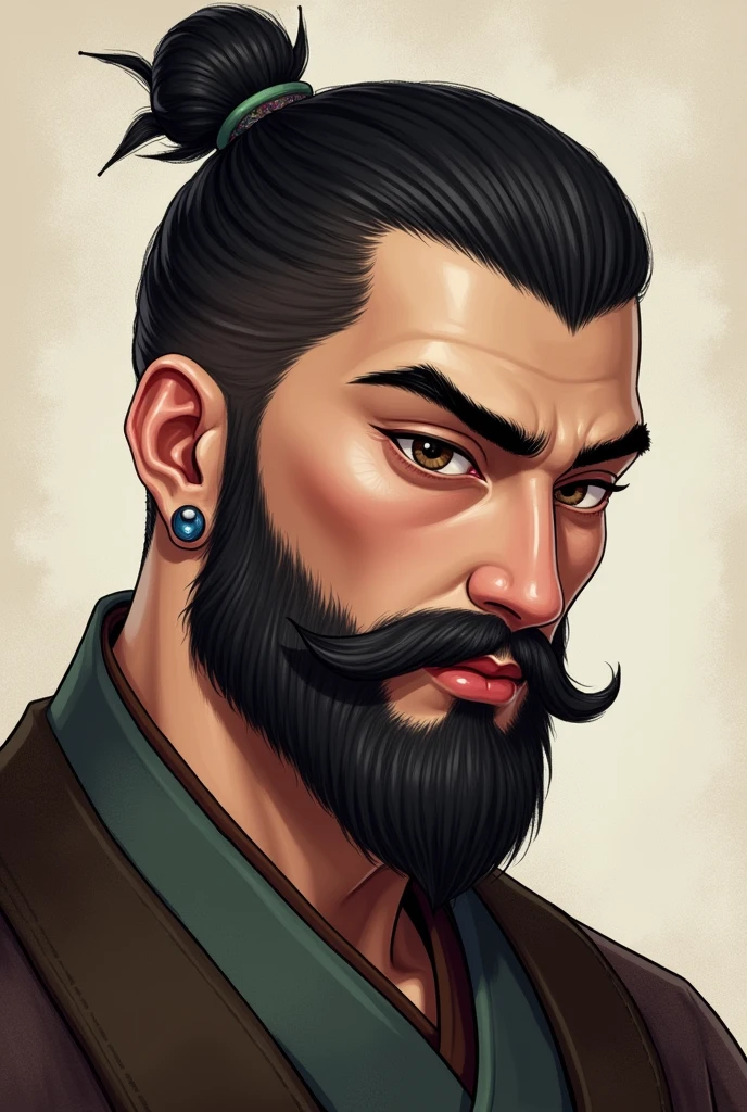 bearded young man, Cao Cao, thick eyebrows, earring in left ear, large nose, eyes downcast and with a little dark circles, eyes browns, shorth hair, razor fade cut, thick pink lips, slightly rounded face, Round face, 