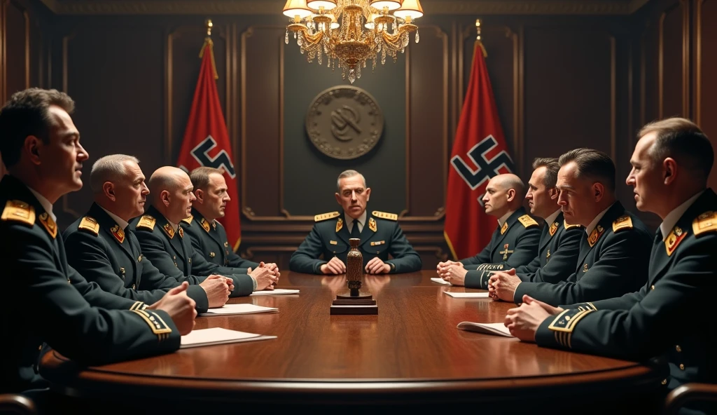 a highly detailed photo of german 1940 generals and commanders in a meeting room, realistic, photorealistic, 8k, ultra-detailed, professional, dramatic lighting, intense expressions, serious demeanor, military uniforms, oak table, chandelier, German flags