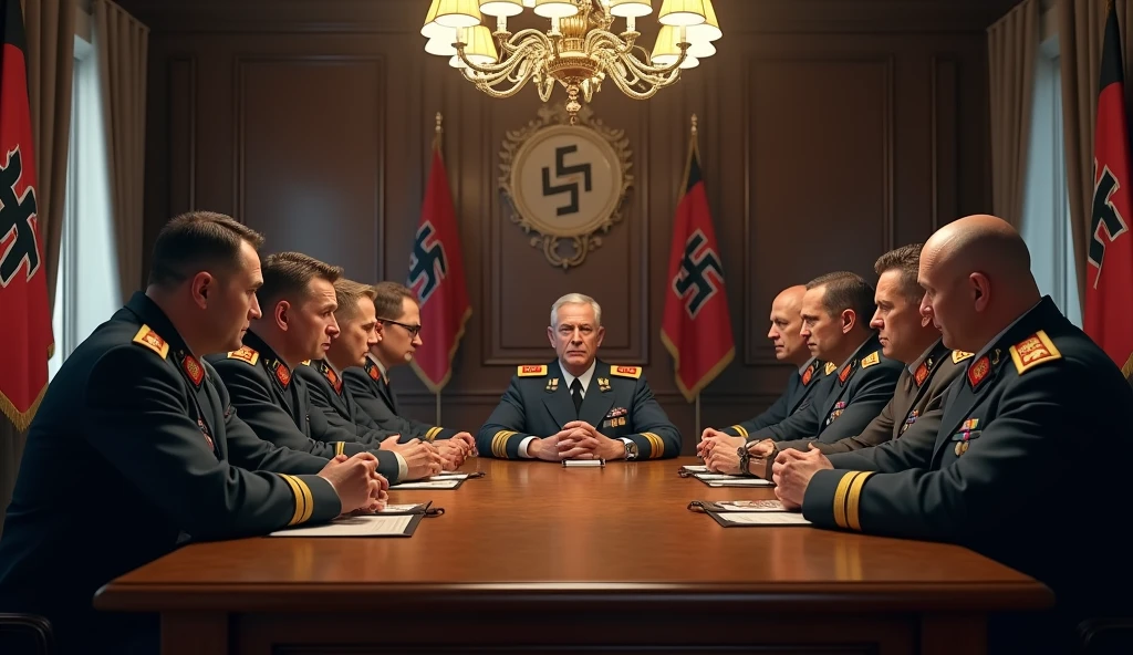 a highly detailed photo of german 1940 generals and commanders in a meeting room, realistic, photorealistic, 8k, ultra-detailed, professional, dramatic lighting, intense expressions, serious demeanor, military uniforms, oak table, chandelier, German flags