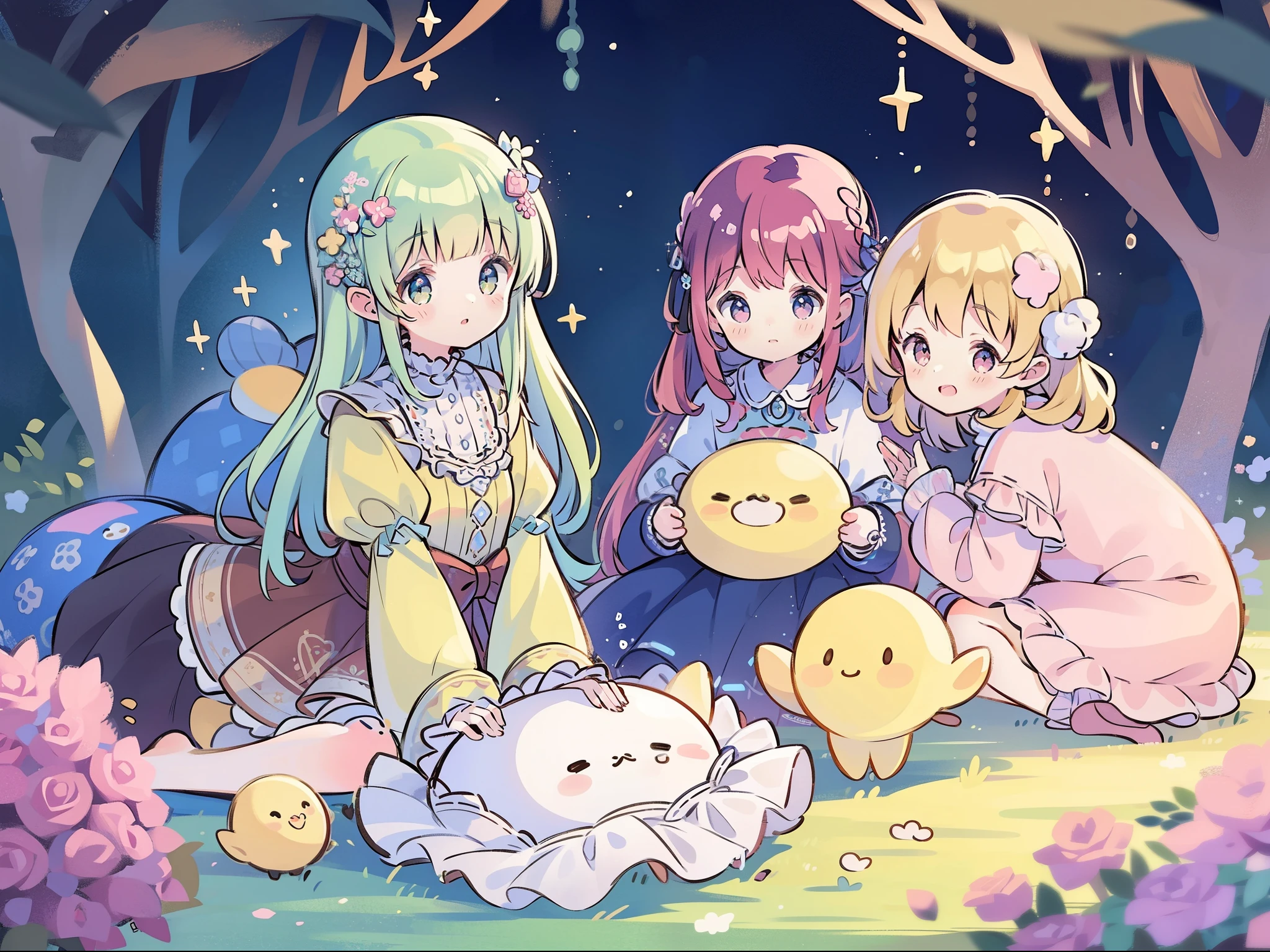 masterpiece, best quality, 8k resolution, sharp focus, intricate detail, beautiful 3girls, sparkling eyes, golden ratio face, otherworldly liquid, watercolor, pastel colors, bright colors, whimsical, colorful, sharp focus, high resolution, fine detail, ((layered tiered puffy long sleeves ballgown)), ((round eyes)), iridescent bubbles, fantasia background