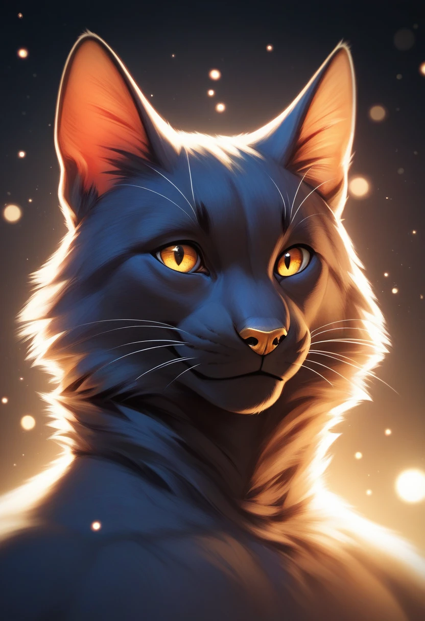 solo male, cat , furry, smiling, dark blue fur, Black fur stripe, gold eyes, gold nose, pose, netral, dynamic lighting, illustration, beautiful, particles (high quality,4k,8k,highres,masterpiece:1.2), ultra-detailed, impressionistic:colorful,