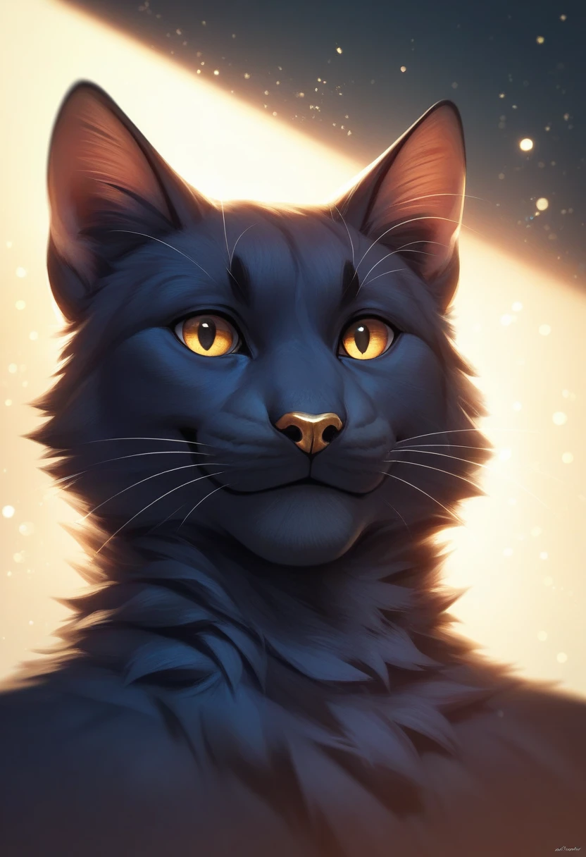 solo male, cat , furry, smiling, dark blue fur, Black fur stripe, gold eyes, gold nose, pose, netral, dynamic lighting, illustration, beautiful, particles (high quality,4k,8k,highres,masterpiece:1.2), ultra-detailed, impressionistic:colorful,