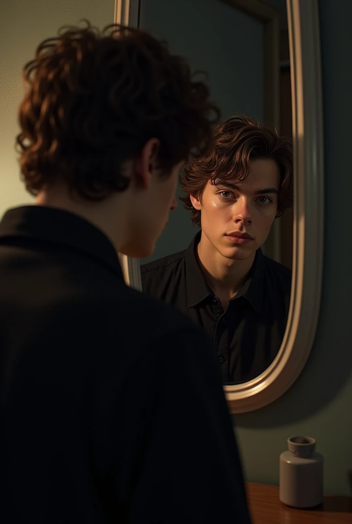 (photorealism:1.2), Harry Styles, 20 years, short curly hair with bangs, black clothes, Photo in the mirror