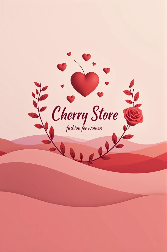 Logo for store with name " cherry store" written the same way, with heart-shaped cherries and roses, below written " Fashion for Women" in Portuguese and with minimalist font, landscape in the background in pink and red.