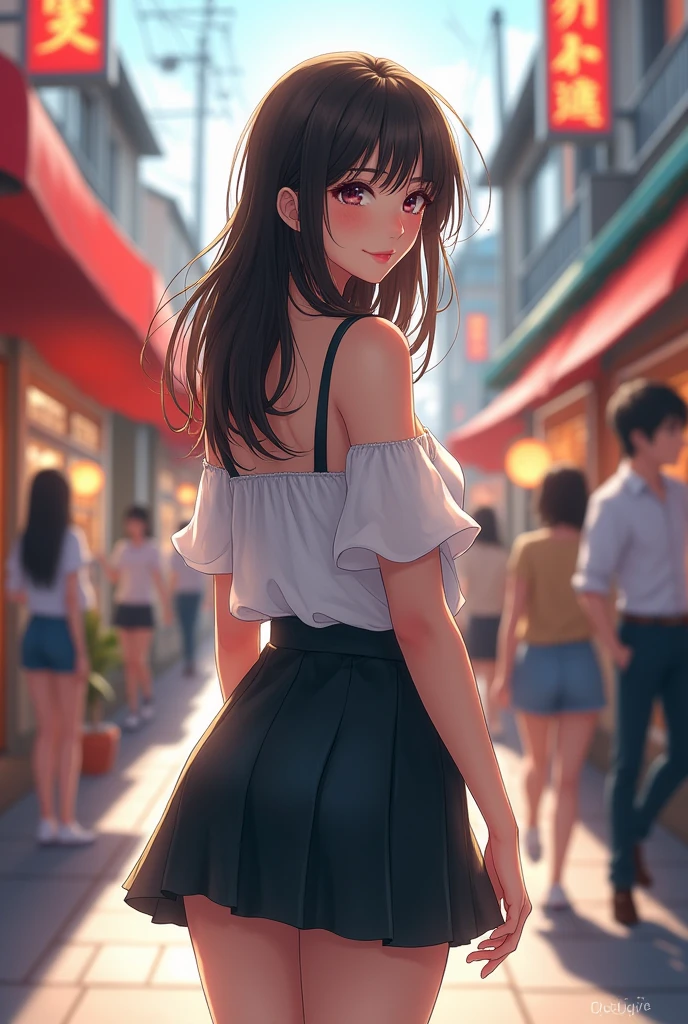 Japanese　Beauty　In town　smile　semi-long　sexy　mini skirt　Back view
