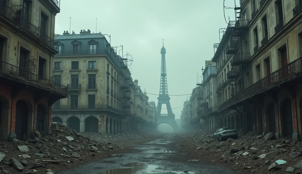 a destroyed Paris post-apocalyptic world, abandoned city, crumbling buildings, debris, rubble, broken windows, rusted metal, dystopian, gloomy atmosphere, overcast sky, desolate landscape, dark and moody, muted color palette, post-war devastation, forgotten and decaying, (best quality,8k,highres,masterpiece:1.2),ultra-detailed,(realistic,photorealistic,photo-realistic:1.37),cinematic lighting,cinematic composition,dramatic lighting,dramatic shadows,cinematic camera angle