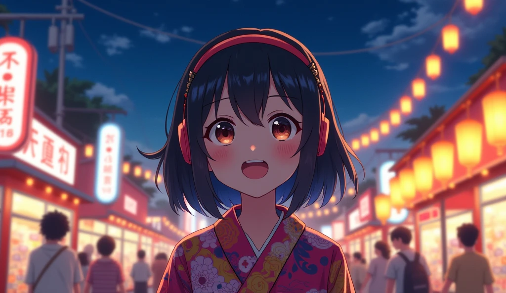 Perfect image, 8k、summer、night、high school girl、Big Breasts、yukata、looks fun、smile、Using headphones、festival、stall、 2D-style animation, Lo-Fi、Retro、Emotional、Anime style illustrations、