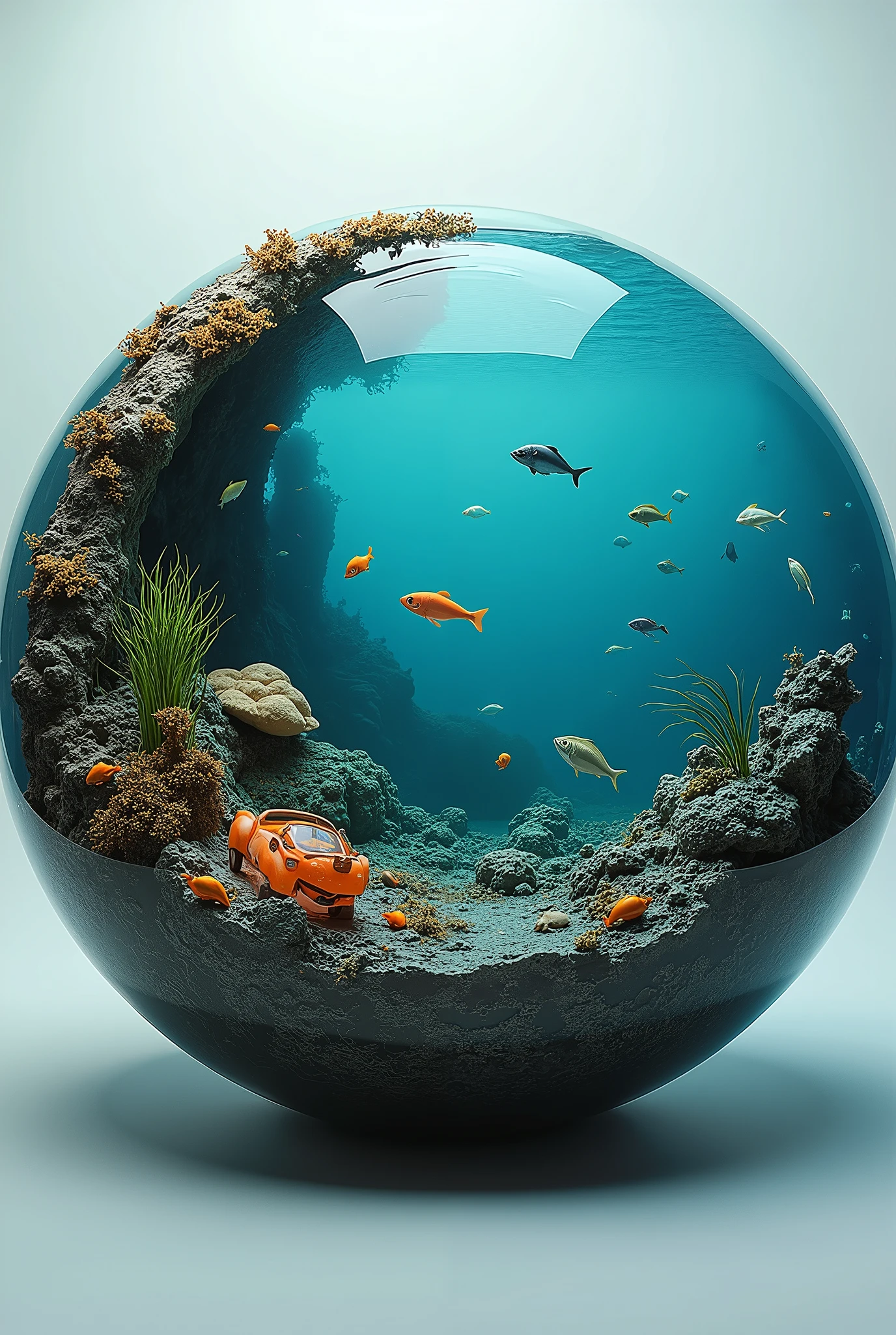 A circular model of ocean pollution by chemicals separated in the center showing a very dirty side contaminated by oil, gasoline and another very well maintained and clean.
that both parts have fish and that it is realistic