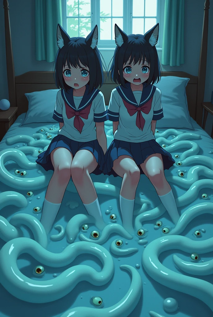 Two girl's lower_body is transformed into slime(Japanese anime style)(with slime tentacles)(scared and crying)(fox ears)(multiple slime eyes)(student costume)(on bed)(the room is covered by slime)