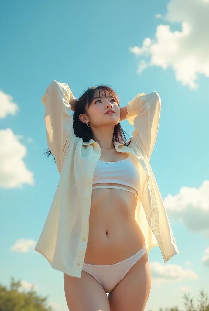 A young cute korean woman with front hair bang and long hair, medium sized body,big bust and boot,wearing a casual shirt, stands outdoors on a sunny day, her arms raised to the sky as she stretches her body. Her eyes are staring the air.The warm sunlight casts a gentle glow, highlighting the subtle curve of her navel and the outline of her underwear beneath the shirt. Clouds drift lazily across the blue sky above,realistuc