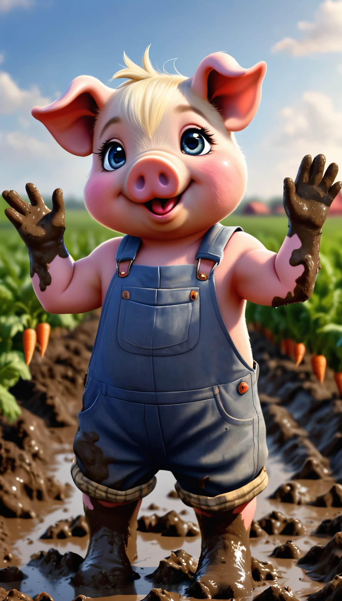 cute piggy, cartoon , arms, hands ,cute eyes, looking at viewer, arms up, farm clothes, piggy ears, flawless, detailed,  mud, old clothes, carrot