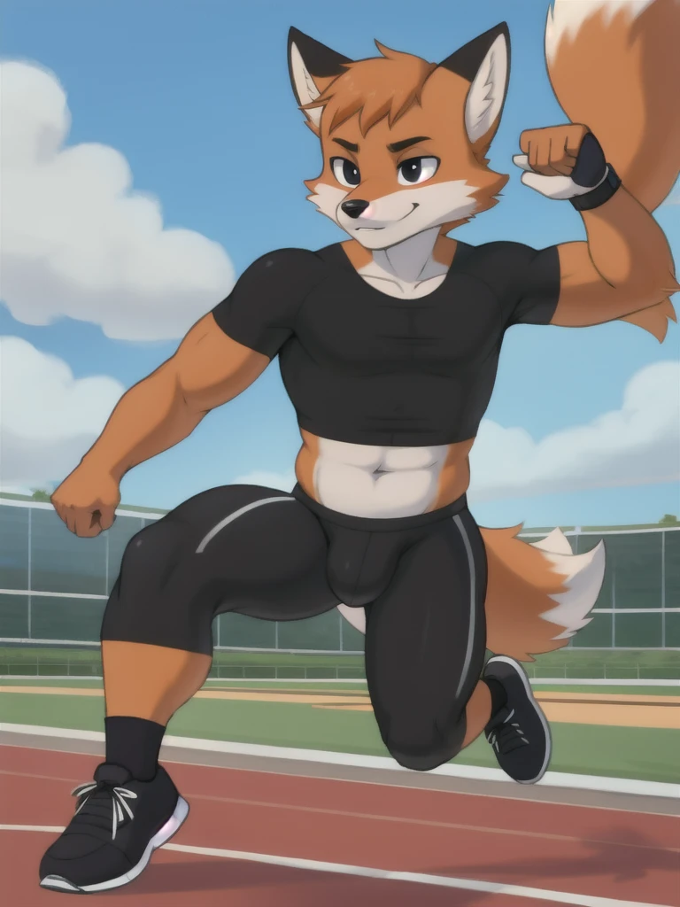 Furry, fox, male, black shirt, black spandex bike shorts, shoes, running track, solo, full body