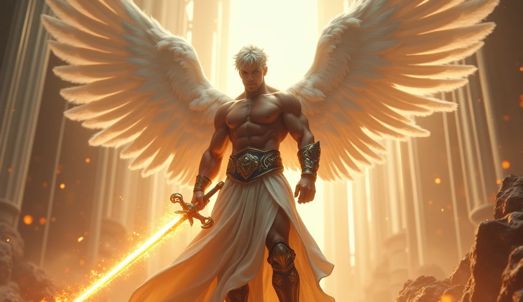 work of art, best qualityer, realisitic, ultra detaild, Movie poster style, dungeons and dragons character design, heavenly, brunean man with round face, muscular, dramatic silver hair, radiant white angel wings, homoerotic heavy armor, flying in the air, dramatic cut with flaming sword towards camera, godrays, perfect toes, perfect hands, perfection