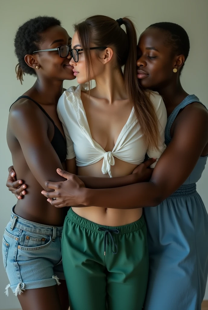 A beautiful naked black girl, sweaty, athletic body, average breasts, and hairy armpits, being carried by two women