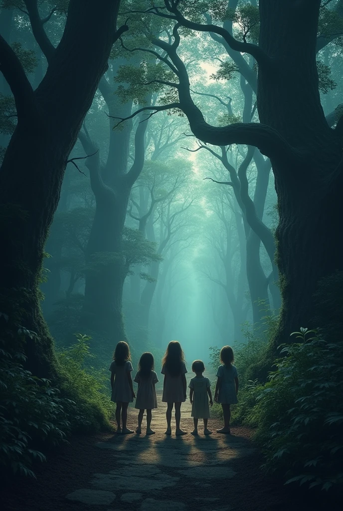 The image shows a winding path leading into a dark forest.. At the beginning of the path there is a group of 3 girls and 3 boys, It seems dense and mysterious, with tall trees and branches that intertwine, which accentuates the gloomy and enigmatic atmosphere of the place.