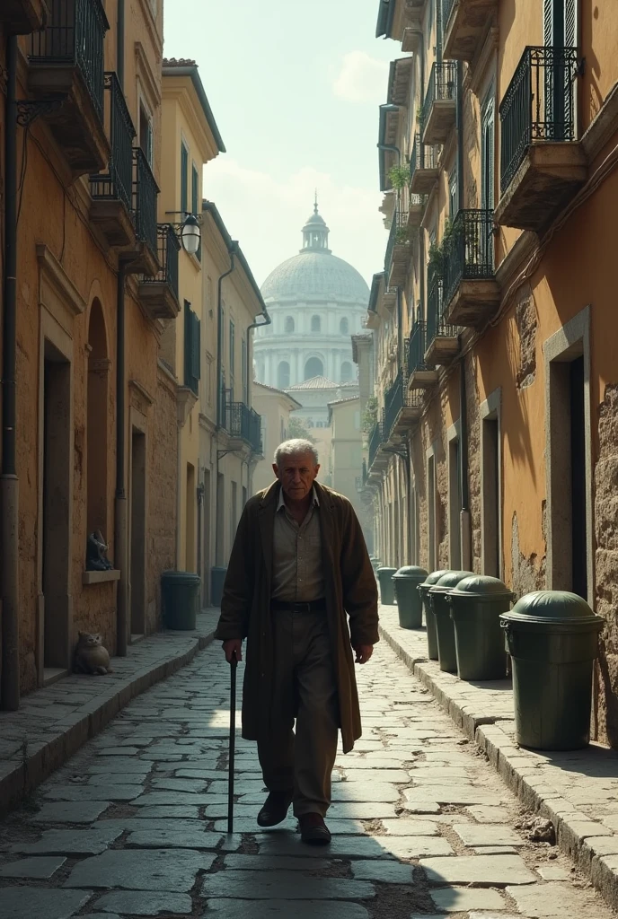 Sad man walking through Rome 