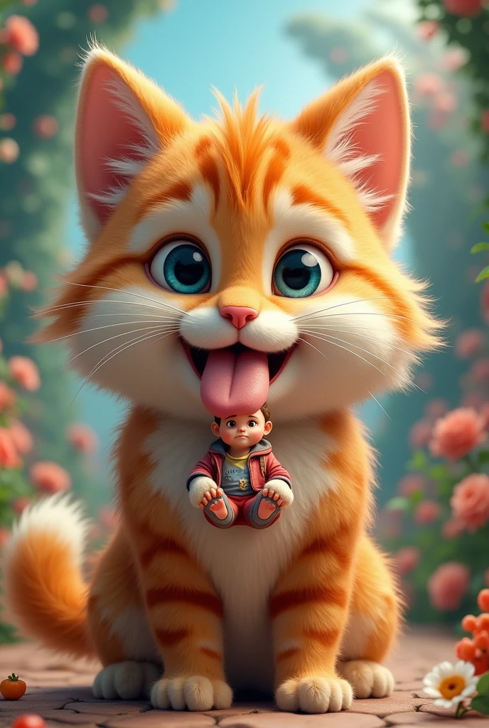 Furry cat teenager cat with a kid sitting on his tongue