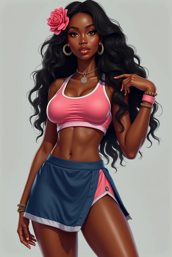Destini, Dark ebony, slim thick, black ethnicity, curvy girl, long curly hair, wide hips, curvy body, wearing Women’s 2024 Summer Mini Skirt Tennis Athletic Inner Shorts Side Slit Workout Golf Bodycon Casual Skorts Clothes, half up half down hairstyle, Hyperrealism, Hyperdetailed, Photorealistic, Realism, High Resolution, Jewelry, Hair Flower, Masterpiece, Anatomically Correct, Accurate, Best Quality,