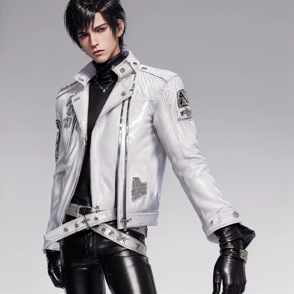 ((Final fantasy taste and reality graphics)), ((Japanese young cute and cool ikemen  boy)), his age is early 20s, thin eyebrows and beady eyes,  ((((he wearing white color leather very thick single-brest jacket)))),((((leather jacket is smooth luster and shiny)))), ((jacket with epaulet)), ((leather jacket close all zippers)),, ,(( jacket collar is very high length stand-up collar with belts)), , (((also wearing black color turtleneck polyester shirts))),  (((tight black and leather pants))), ((((black leather tight and thin glove)))), ((black color leather knee-high raceup boots)),((show the boy whole body)), boy looks like fashion model,Do not show skin from the neck down,(((all his clothes are smooth design and very shining))),(((Avoid adding unnecessary decorations to your clothes))),(((all clothes is simple design and appearance))),(((don't wear jewelry on all clothes)))