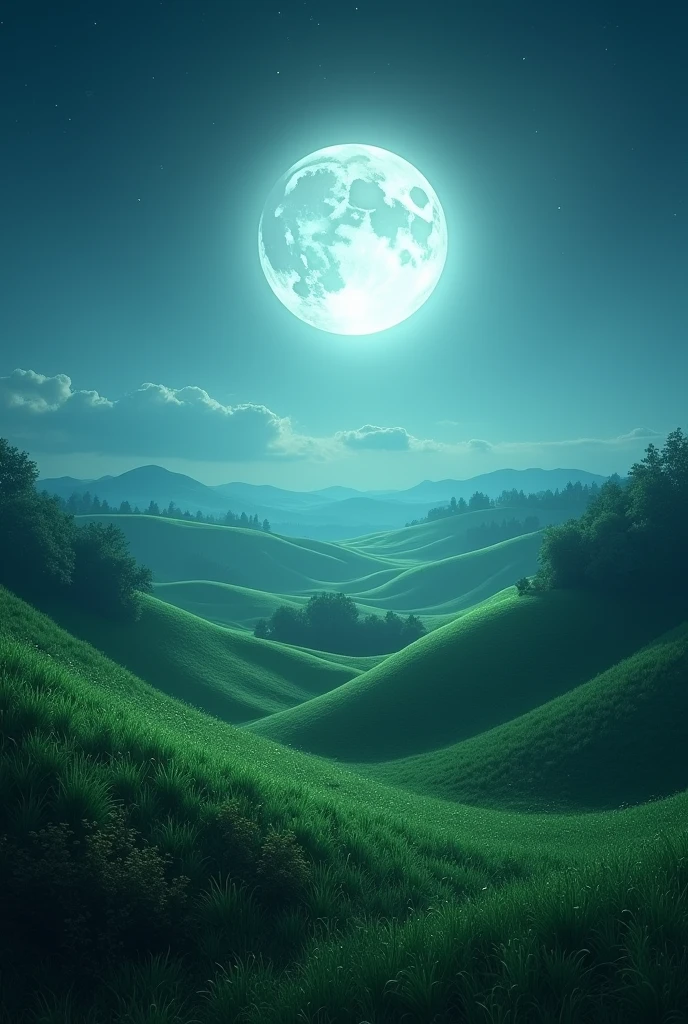 A green landscape at night with the moon in the background