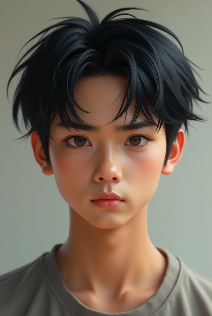 teenage boy, around 2, Brown skin, black hair is a bit messy, hair a bit long and a bit smooth, korean hairstyle, light brown eyes, adult male body, broad chest, but not too broad, strong arms, handsome and somewhat fierce face, fierce, but implied a calm and responsible figure, thick black eyebrows, jaw shape is quite firm, aquiline nose shape but small nasal bone, slightly thin lips, symmetrical face, realistic human, not anime or 3d character