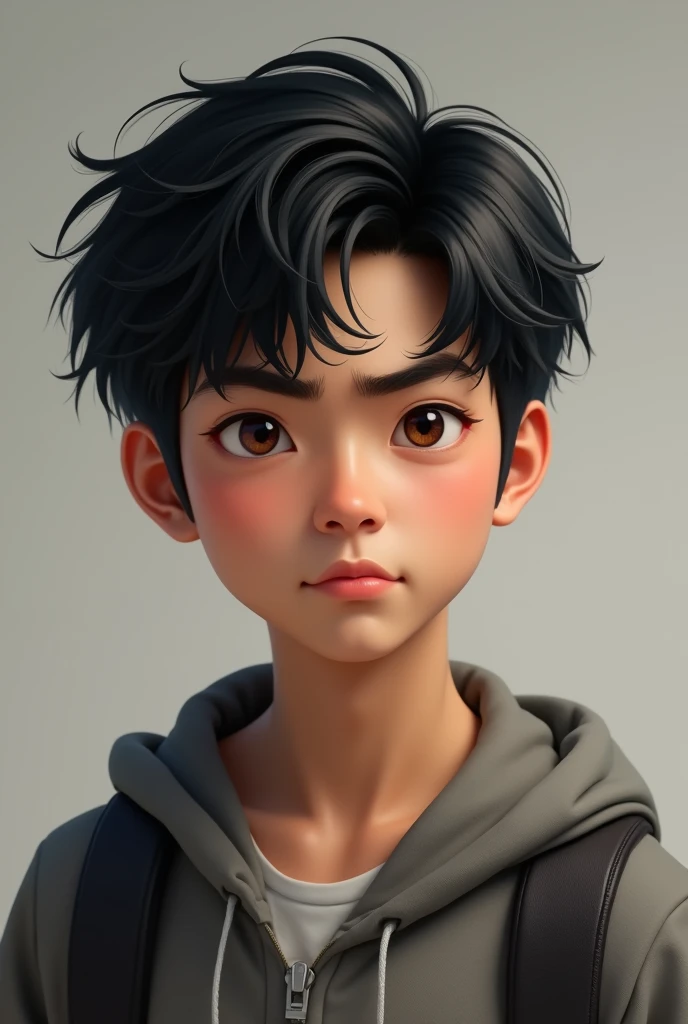 teenage boy, around 2, Brown skin, black hair is a bit messy, hair a bit long and a bit smooth, korean hairstyle, light brown eyes, adult male body, broad chest, but not too broad, strong arms, handsome and somewhat fierce face, fierce, but implied a calm and responsible figure, thick black eyebrows, jaw shape is quite firm, aquiline nose shape but small nasal bone, slightly thin lips, symmetrical face, realistic human, not anime or 3d character