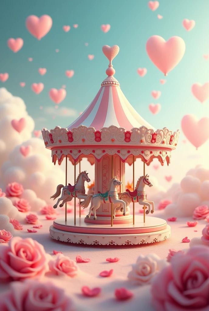 Carousel in the center of the image, hearts in the background
