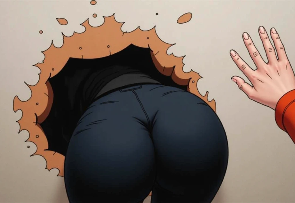 Woman with half of the body, stuck in a wall, showing her stuck butt