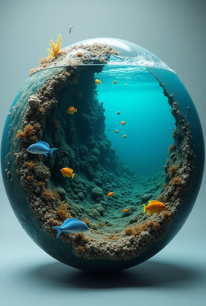 A circular model of ocean pollution by chemicals separated in the center showing a very dirty side contaminated by oil, gasoline and another very well maintained and clean.
that both parts have fish and that it is realistic