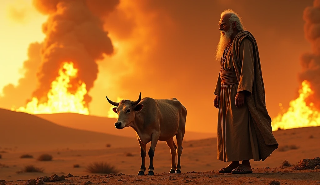 old hebrew man, with a cow at his side, in the burning desert catching fire, 4k image, cinematic and realistic image