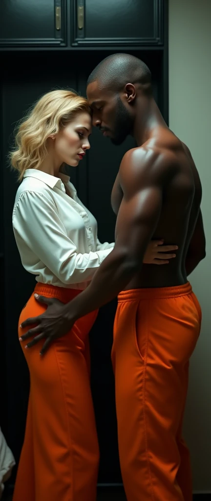 (Photorealsitic:1.4), (masterpiece:1.3), (top-quality:1.4), ((ultrarealistic)), HD 8k, (Sharp focus: 1.2), (Focus on the face:1.4), well proportioned full body of
Beth (innocent shy sexy blonde woman 28 years 5' 4" height) and
Jackson ( big muscular black man 38 years 6' 4" height),
Beth with innocent expression, (extremely beautiful: 1.2), amazing beautiful, extraordinary beautiful, Detailed cute femenine and beautiful face, Detailed facial features , Beautiful Face, Anatomically correct, Highly detailed face and skin texture, Natural Cheeks, subttle Glowing white skin, Fair skin: 1.3, (Glossy Lips: 1.4), (light blonde very short straight silky hainer hair bob style ), glowing beautiful bright clear light blue big naive eyes, double eyelids, fine little sensual nose, femenine little mouth with big full red pucky lips, thin chin, freckles, narrow long neck, femenine narrow shoulders, detailed eyes and face, long eyelashes, elegant lady, subtle makeup, extremely beautyful tonned legs, extremely nice perky ass, narrow waist, defined and tonned belly. sexy hips,, full Lush bust,
Jackson is a dangerous man, handsome and extremely masculine, (strong and muscular legs chest and arms), wide shoulders, powerful jaw, (black bald man), (without beard: 1.1), (big bulge in crotch: 1.1),
(Beth is wearing a white blouse and a long skirt with sneakers: 1.3),
(Jackson is wearing orange prison uniform chest and back exposed showing his muscles: 1.2),
(intimate night bedroom ),
alternative vibe, intimate lighting, high contrast, dramatic shadows, highly detailed, detailed skin, depth of field, dynamic angle,
Beth standing in front of the closet mirror, Jackson behind her taking her by the waist, completely reflecting their bodies in the closet mirror, extremely detailed bodies and faces, extremely atmosphere of erotic anticipation, he is much taller than her.