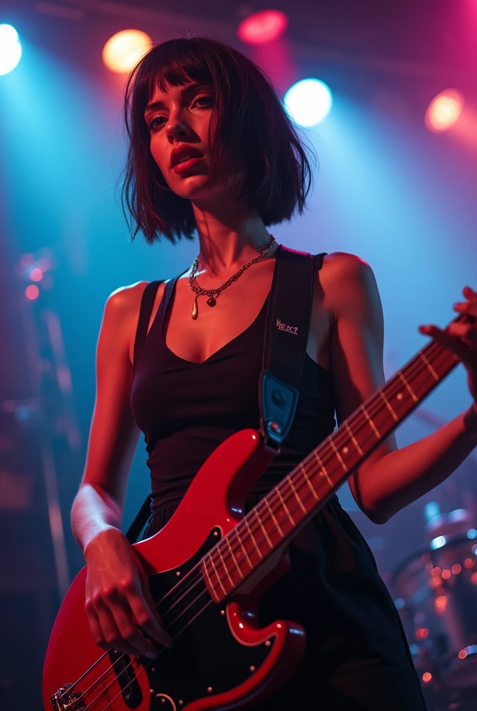 Short Bob Hair、woman、bassist、live house、smoke、Bright lighting、